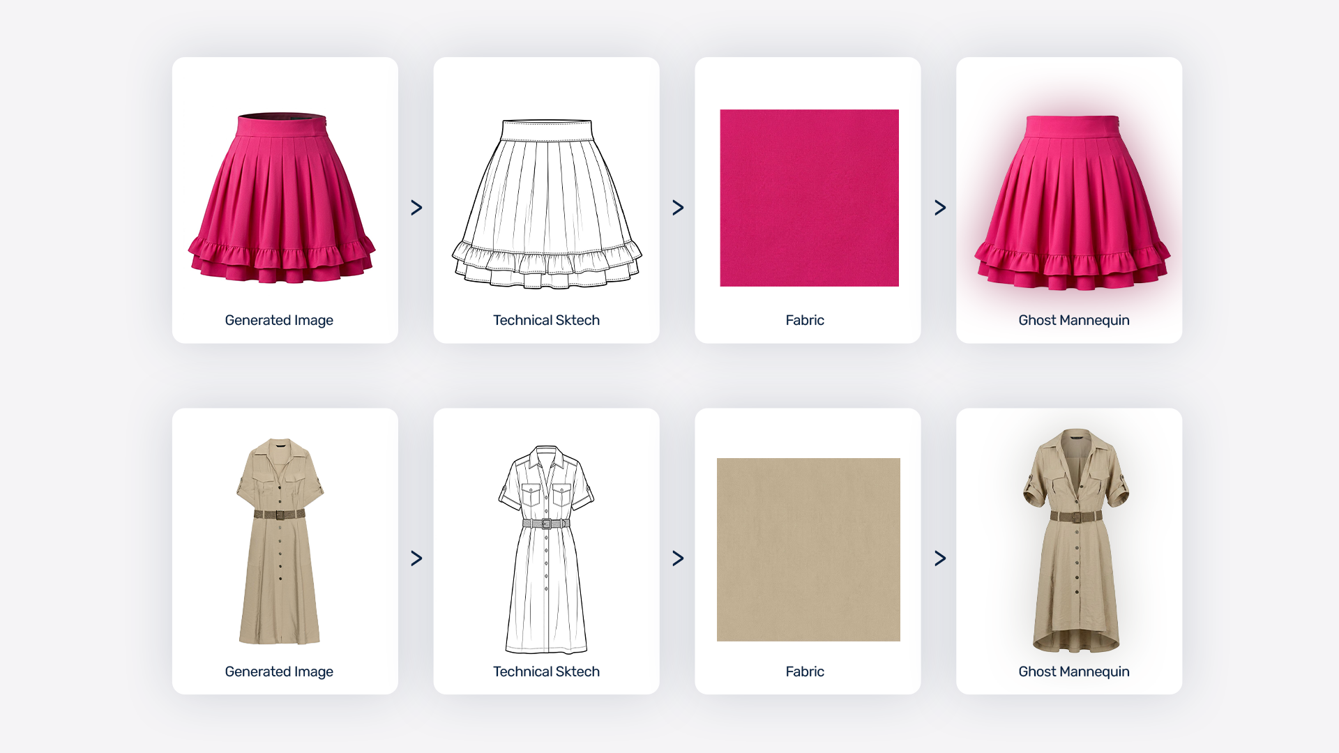 AI-generated garments moving from generated image to technical sketch, fabric swatch, and ghost-mannequin render