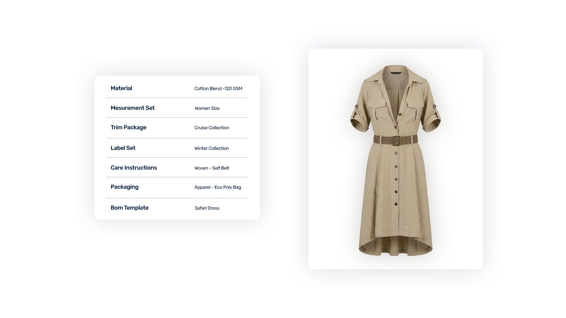 Auto-generated tech pack with material, measurement, trim, label, care and packaging specs beside a ghost-mannequin render